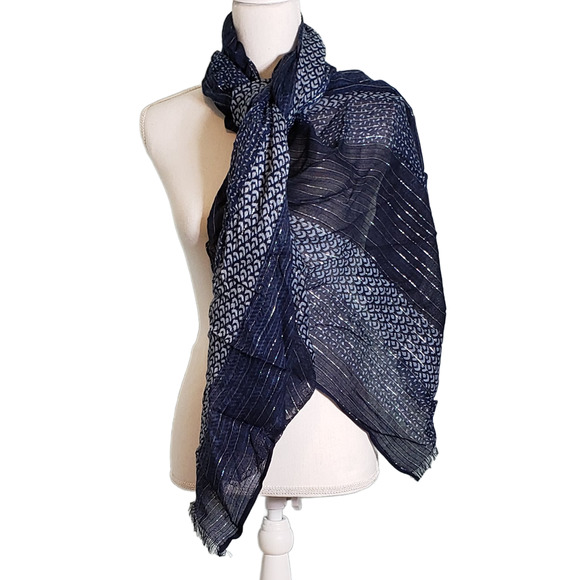 Serenity in Stripes: Blue and White Scarf with Silver Pinstriping - Picture 1 of 3